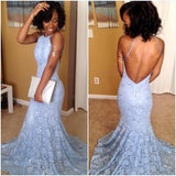 Fantastic Long Halter Neck Sleeveless Mermaid Beads Lace Backless Prom Dresses