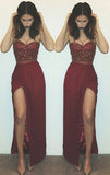 Custom Made Sweetheart Spaghetti Straps Slit Burgundy Sequin Long Prom Dresses