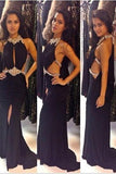 Sexy black chiffon rhinestone halter open back slim-line slit long evening dresses long