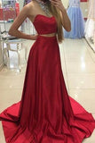 Fabulous Two Piece Red Halter Sleeveless Sweep Train with Beading Prom Dresses