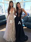 A Line V Neck Appliques Long Prom Dress V-neck Sexy Evening Party Dresses