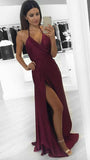 New Fashion Modest Sexy A-Line Burgundy Slit Halter Backless V-Neck Prom Dresses