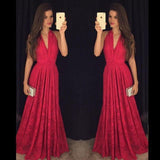 Hot Sexy V-neck Red Prom Dresses/Lace Long Formal Dress