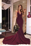 Burgundy Mermaid V Neck Backless Sweep Train Prom Dresses