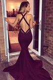 Burgundy Mermaid V Neck Backless Sweep Train Prom Dresses