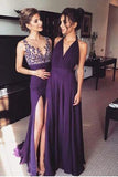 Elegant Long Simple Formal Dress For Women Purple A-Line V-Neck with Slit Prom Dresses