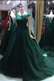 A-line Green Lace Appliques Ball Gown V-back Evening Dresses Prom Dresses