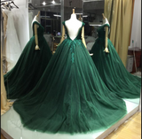 A-line Green Lace Appliques Ball Gown V-back Evening Dresses Prom Dresses