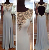 Mermaid Open Back Scoop Slit Cap Sleeve Beads Long Chiffon Elegant Prom Dresses