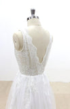 V-Cut shape Back Tulle Lace Appliques A Line Open Back Beach Wedding Dresses