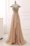 A Line Chiffon Sweetheart Off the Shoulder Beads Open Back Cheap Prom Dresses