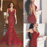 Gorgeous Red Mermaid V-neck Backless Prom Dresses with Beading Appliques For Spring Teens