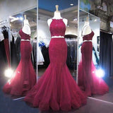 Hot-Selling Two-Piece Mermaid Halter Sleeveless Burgundy Long Prom Dress with Beading