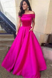 Off-the-Shoulder with Pockets Open Back Scoop A-line Simple Cheap Long Prom Dresses