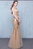 Golden Sequins V-Neck Mermaid Elegant Tulle Sleeveless Prom Dresses with Sash Bowknot