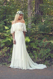 A Line Off the Shoulder Bohemian Lace Chiffon Ivory Summer Beach Wedding Dresses