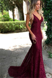 Amazing Lace Maroon V Neck Spaghetti Strap Long Lace Burgundy Prom Dresses