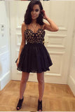 A-Line Straps Backless Short Black Chiffon Open Back Lace Pleats Homecoming Dress