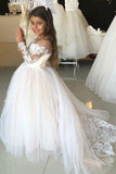 Princess A-Line Round Neck Tulle Long Sleeves Bowknot Flower Girl Dress with Appliques