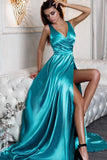 Sexy A Line Split Turquoise V-Neck Green Satin Prom Dresses with High Slit