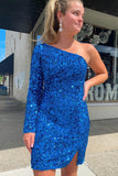 One Shoulder Long Sleeve Sequins Slit Short Homecoming Dresses