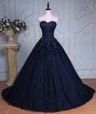 Princess Ball Gown Sweetheart Navy Blue Beads Ruffles Long Tulle Prom Dresses with Lace up