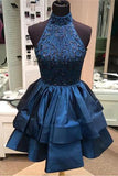 Pretty A-line High Neck Above-knee Beaded Dark Blue Backless Short Homecoming Dresses