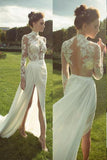 Gorgeous High Neck Long Sleeve See Through Lace Top Side Slit Ivory Chiffon Wedding Dress