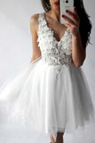 A-Line V-Neck Short Prom Dress White Tulle Lace Beads Homecoming Dress with Appliques