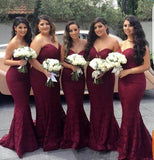 Burgundy Sweetheart Strapless Lace Mermaid Cheap Long Prom Dress Bridesmaid Dresses