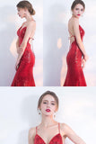 V-Neck Red Mermaid Spaghetti Straps Sparkly Backless Sleeveless Sequins Evening Dresses