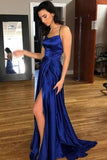 A-Line Halter Backless Blue Sleeveless Criss Cross Beteau Sleeveless Satin Prom Dresses with Split