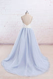 Simple A-Line Light Blue Sweetheart Spaghetti Straps Chic Blue Tulle Backless Prom Dresses