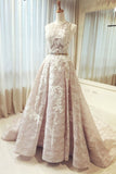 A-Line Round Neck Long Wedding Dress Sleeveless Scoop Belt Appliques Prom Dresses