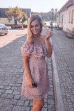 Elegant Sheath Off the Shoulder Blush Pink Short Sleeves Lace Homecoming Dresses