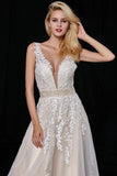 Elegant A-Line Tulle V-Neck V-Back Appliques Beads Ivory Cheap Prom Dresses