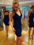 Sexy V-Neck Sleeveless Short Backless Navy Blue Prom/Homecoming Dress with Sequins