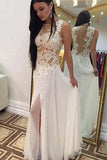 Sexy A-line Crew Floor-Length Chiffon Sleeveless Beaded Appliques White Prom Dresses