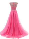 Elegant A Line Burgundy Beads Scoop Tulle Cap Sleeves Long Prom Dresses