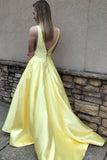 Princess A Line Deep V Neck Yellow Long Satin Backless Evening Dresses Prom Dresses