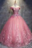 Ball Gown Off-the-Shoulder Watermelon Tulle Sweetheart Cheap Wedding Dresses with Appliques