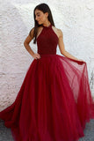 A Line Halter Tulle Burgundy Beads Sleeveless Long Party Dresses Prom Dresses