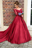 Long Sleeves Off the Shoulder Burgundy Sweetheart Satin Lace Ball Gown Prom Dresses