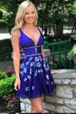 A-Line V-Neck Backless Short Royal Blue Printed Chiffon Cute Prom Homecoming Dress