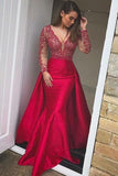 Elegant Mermaid Long Red Long Sleeve Beading V Neck Lace Satin Backless Prom Dresses