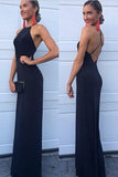 New Arrival Modest Halter Criss-Cross A-Line Long Navy Blue Sleeveless Prom Dresses