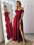 Simple Burgundy Off-the-shoulder Split Long Prom Dresses Evening Dresses