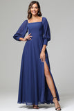 Square Neck 3/4 Sleeves Chiffon Bridesmaid Dresses with Slit