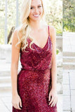 Vintage Burgundy Sequins Backless Long Prom Dresses Bridesmaid Dresses