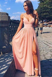 Pink Spaghetti Strap V Neck Simple Long Split Front Chiffon Evening Dress Prom Dresses